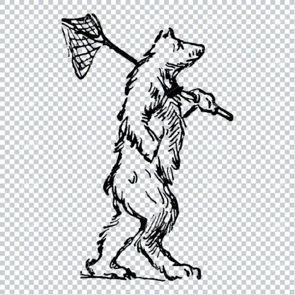 Vintage Line Art of a Bear Walking with a Net