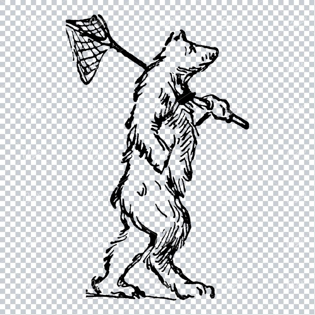 Vintage Line Art of a Bear Walking with a Net