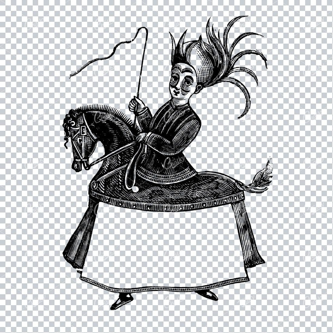 Antique Illustration of a Lady on a Horse with Banner