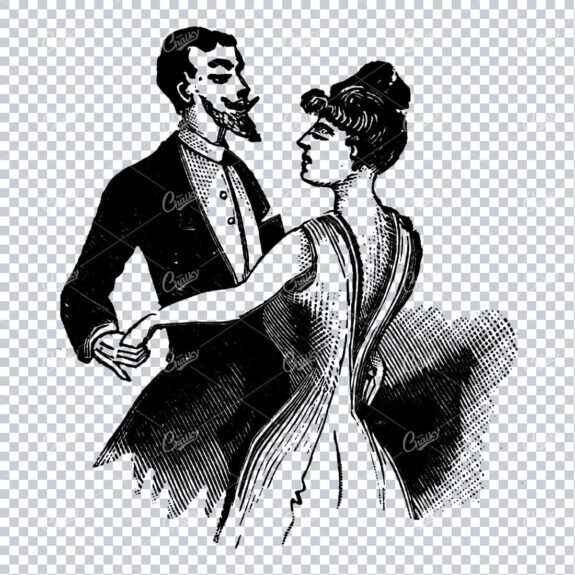 Old Illustration of a Man and Woman Dancing - Vintage Line Art