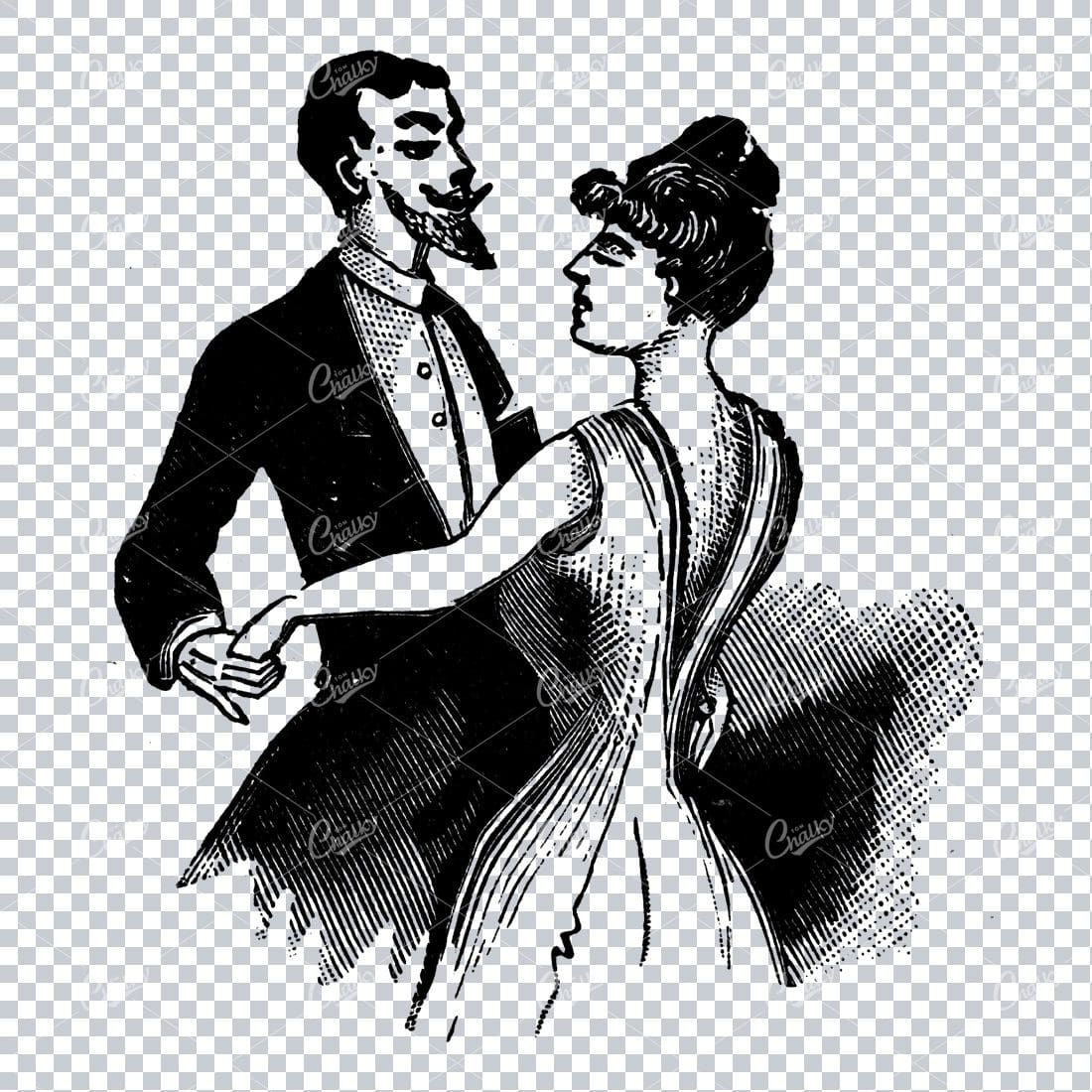 Old Illustration of a Man and Woman Dancing - Vintage Line Art
