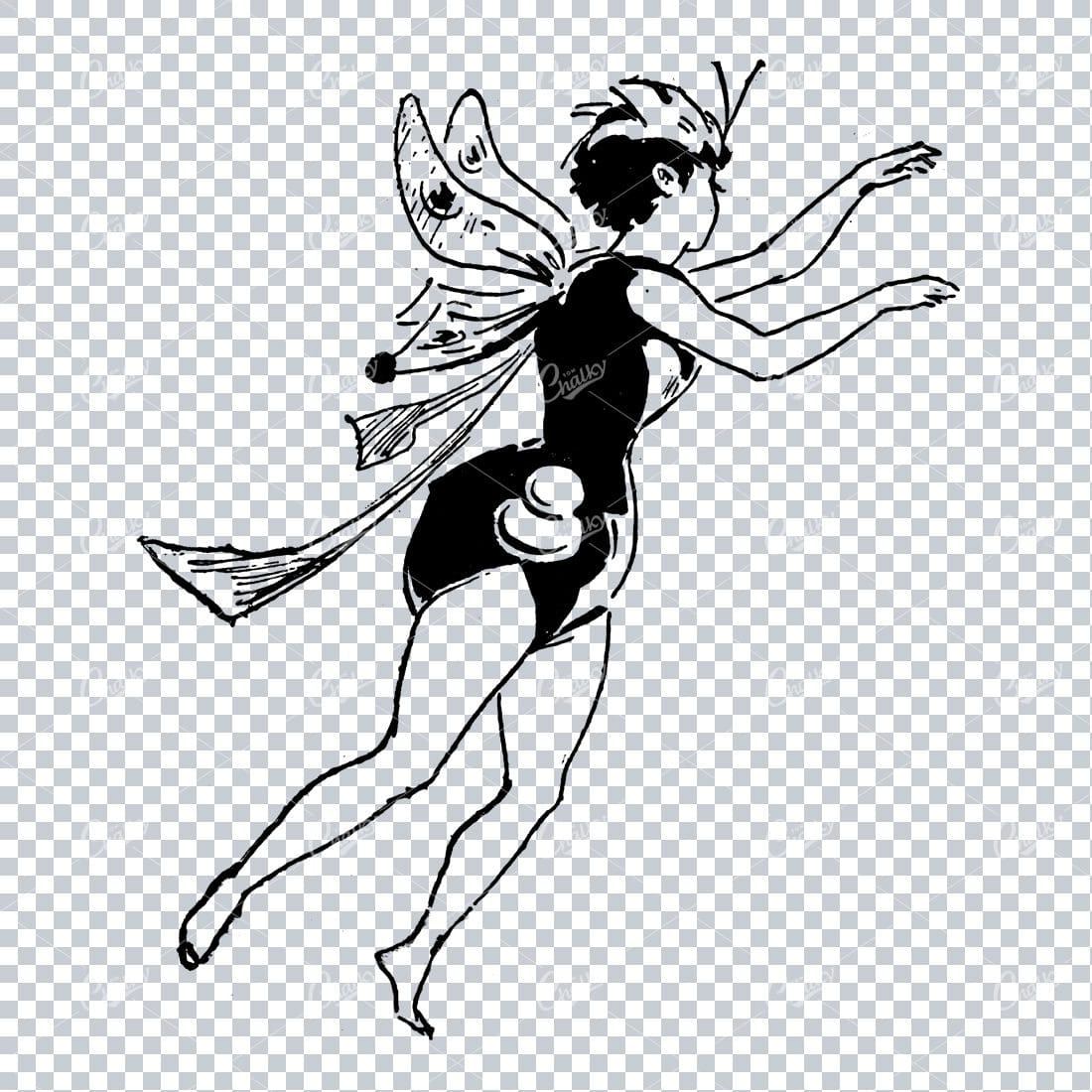 Black and White Drawing of a Fairy - Vintage Line Art