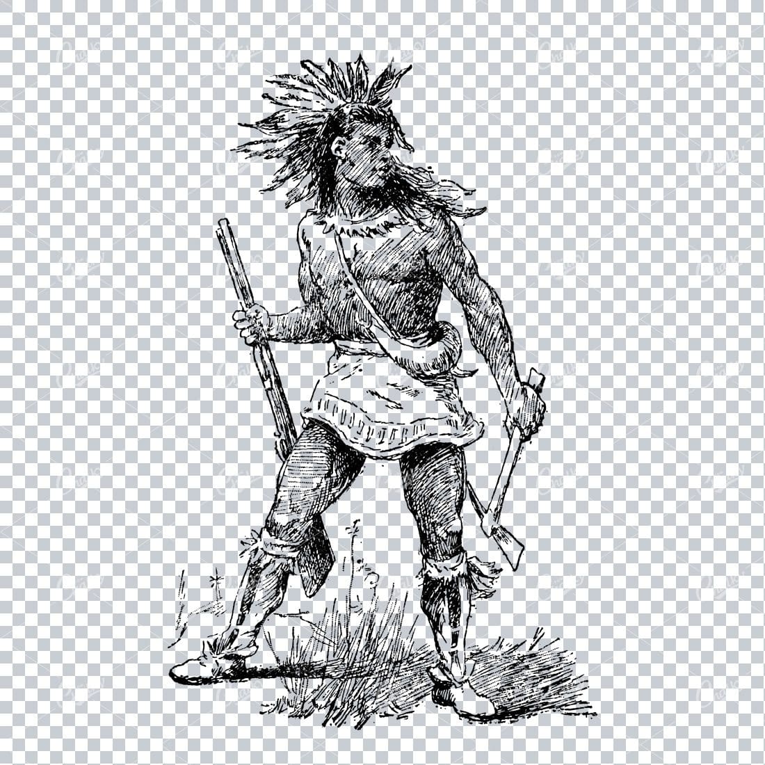 Antique Line Art Illustration of a Native Indian