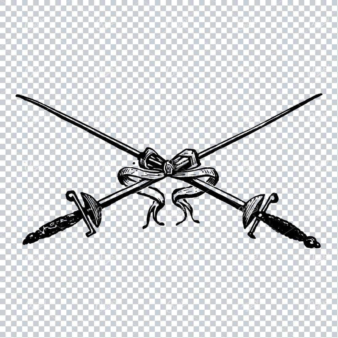 Old Illustration of Two Swords Crossing Tied with a Bow