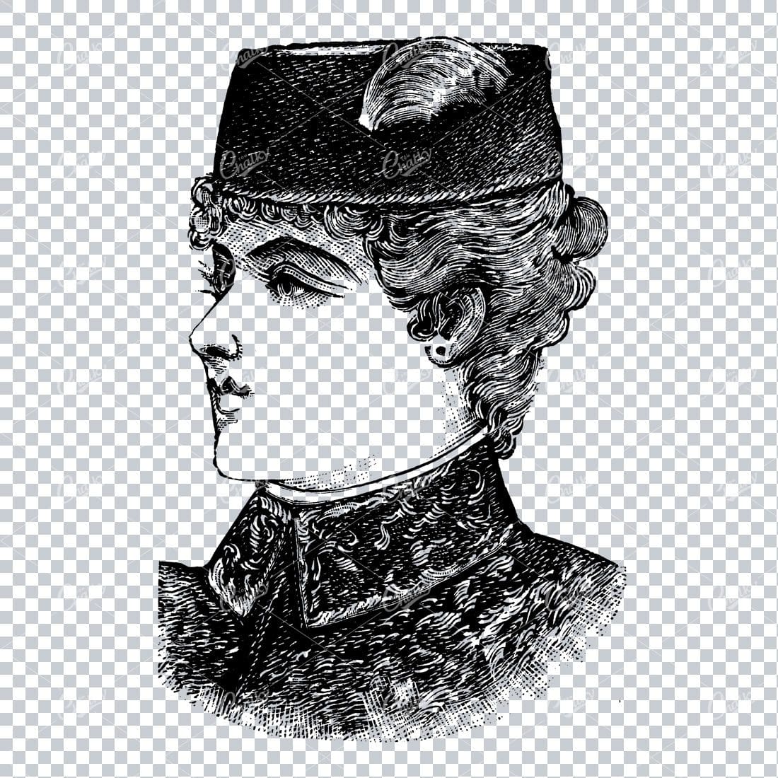 Antique Fashion Artwork - Portrait of Lady Wearing a Hat No.2