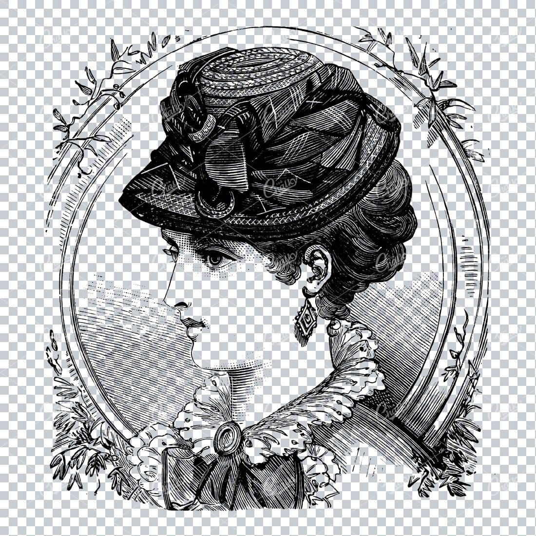 Antique Fashion Artwork - Portrait of Lady Wearing a Hat No.4