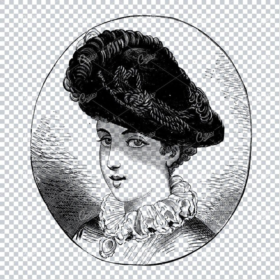 Woman In A Plumed Hat And Ruffled Collar Within A Circular Medallion Portrait - Monochrome Linework And Crosshatching