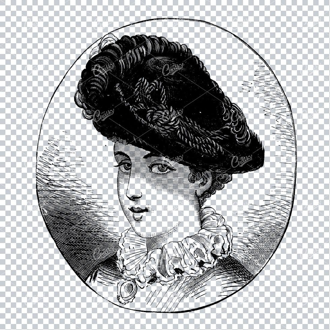 Antique Fashion Artwork - Portrait of Lady Wearing a Hat No.6