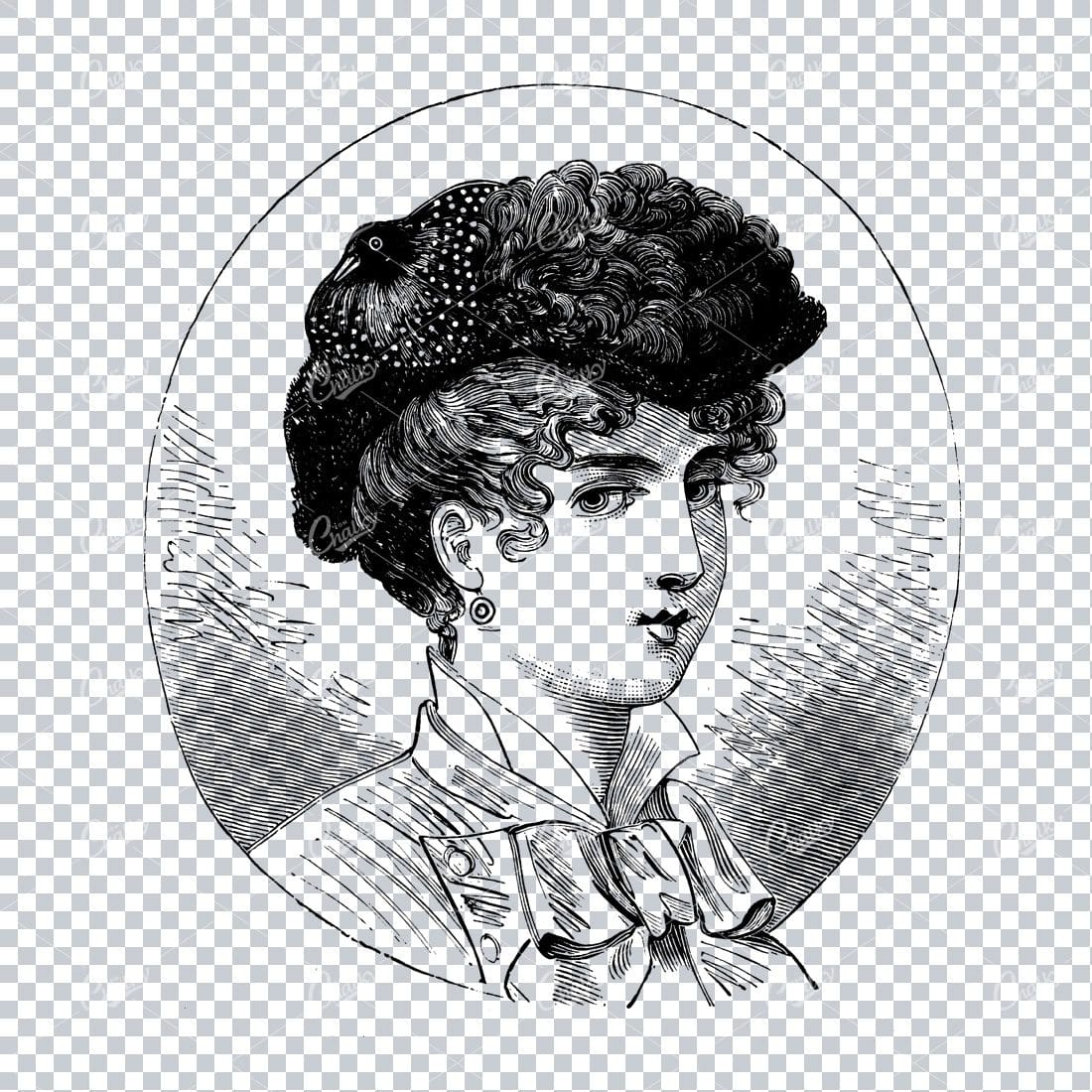 Antique Fashion Artwork - Portrait of Lady Wearing a Hat No.8