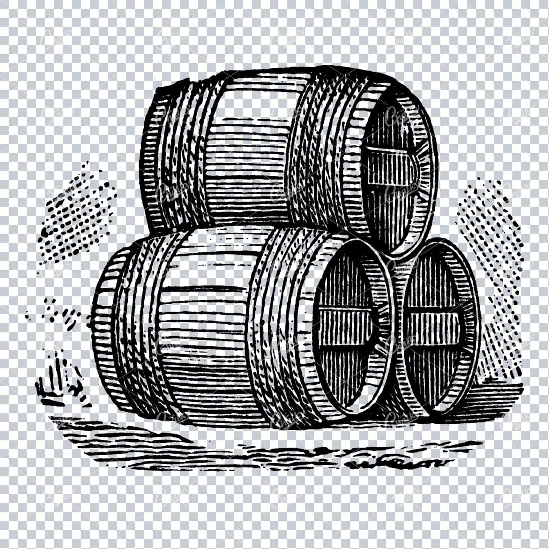 Old Illustration of a Wooden Wine Barrel No.3