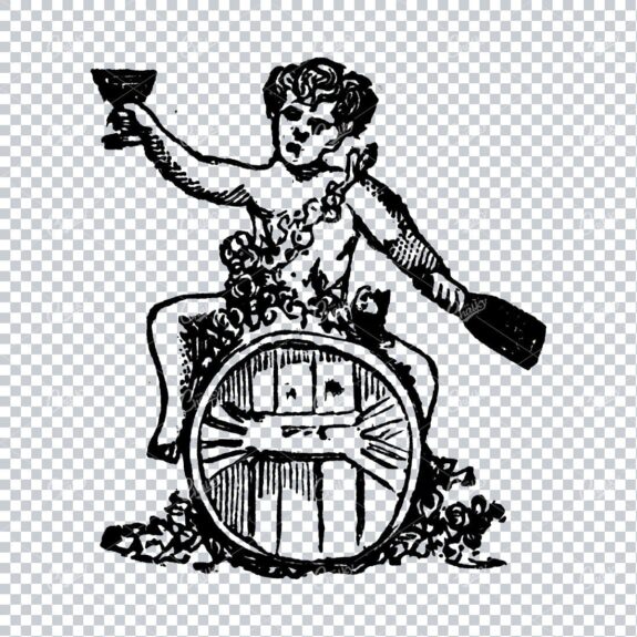 Vintage Illustration of a Man Drinking Wine ontop of a Wooden Barrel