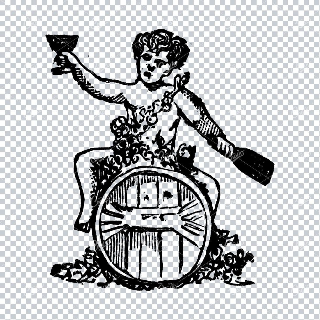 Vintage Illustration of a Man Drinking Wine ontop of a Wooden Barrel