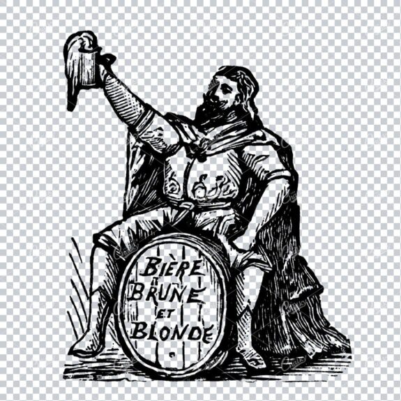Vintage Illustration of a Caped Man Drinking Beer atop a Wooden Barrel