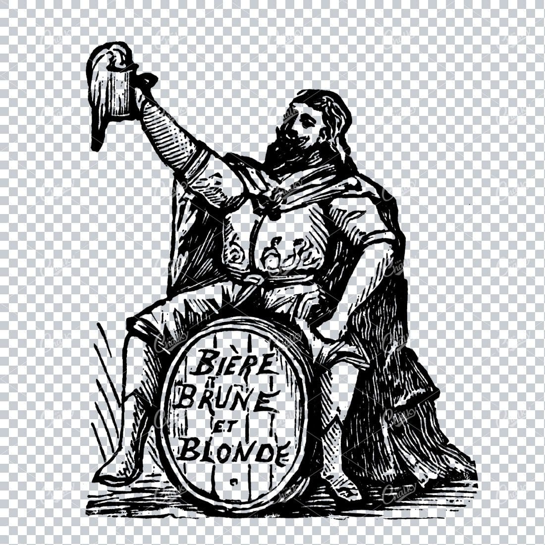 Vintage Illustration of a Caped Man Drinking Beer atop a Wooden Barrel