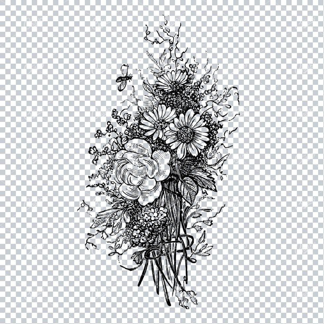 Decorative Drawing of a Bouquet of Flowers with a Bee
