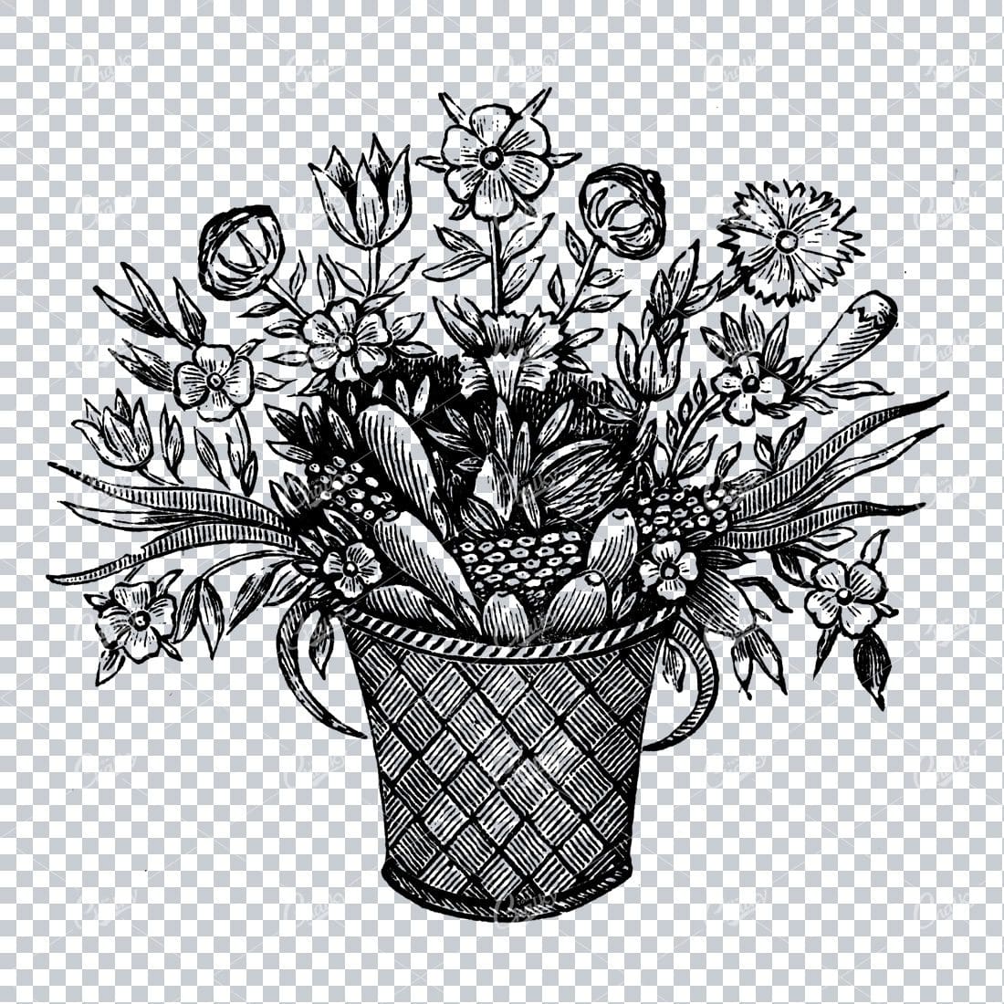 Decorative Drawing of a Bouquet of Flowers in a Pot