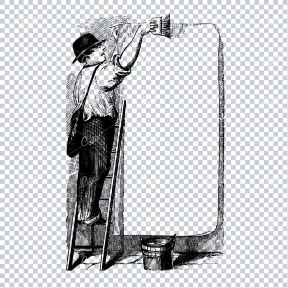 Vintage Illustration of a Man Sticking Poster to a Wall - Advertising, Marketing, Banner Ad