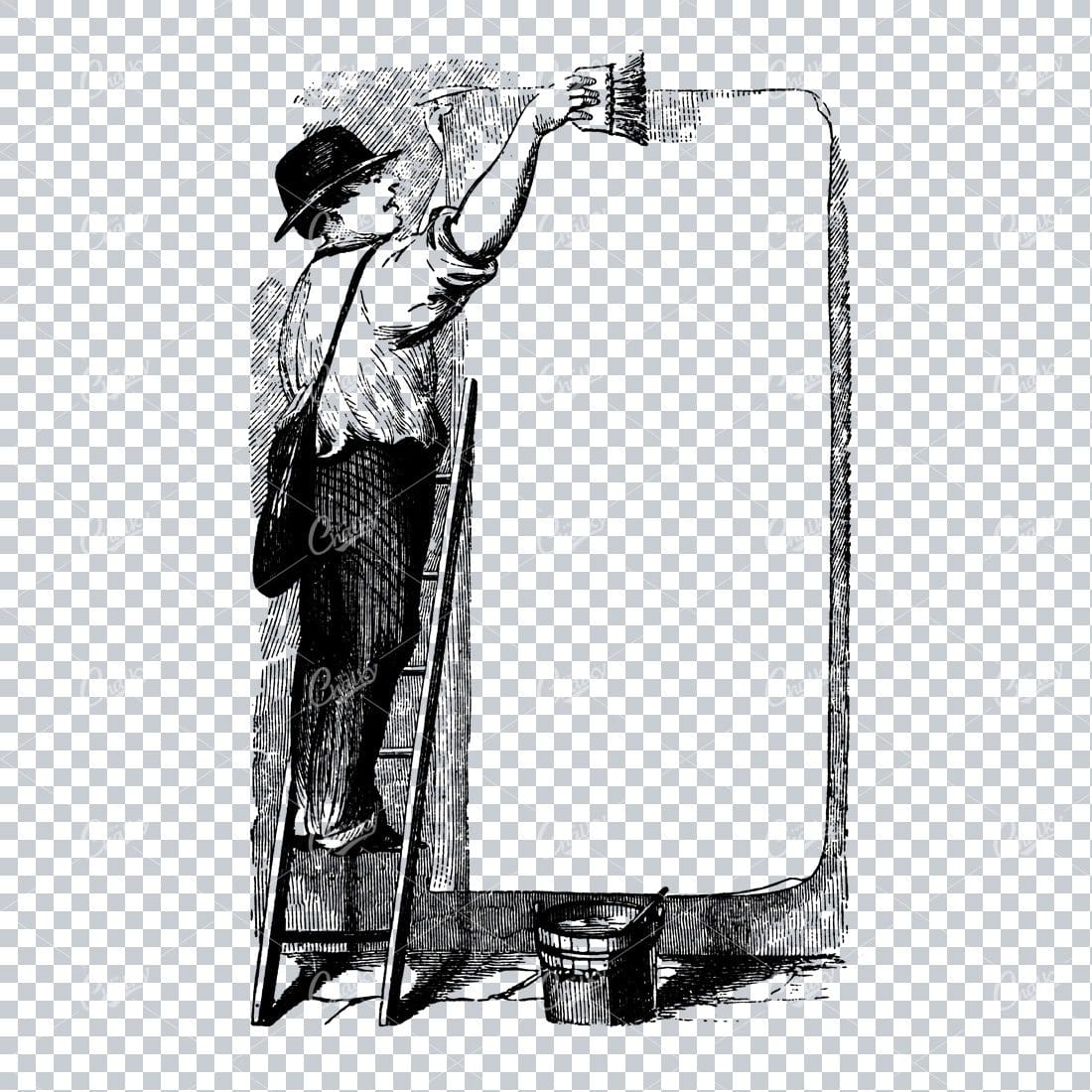 Vintage Illustration of a Man Sticking Poster to a Wall - Advertising, Marketing, Banner Ad