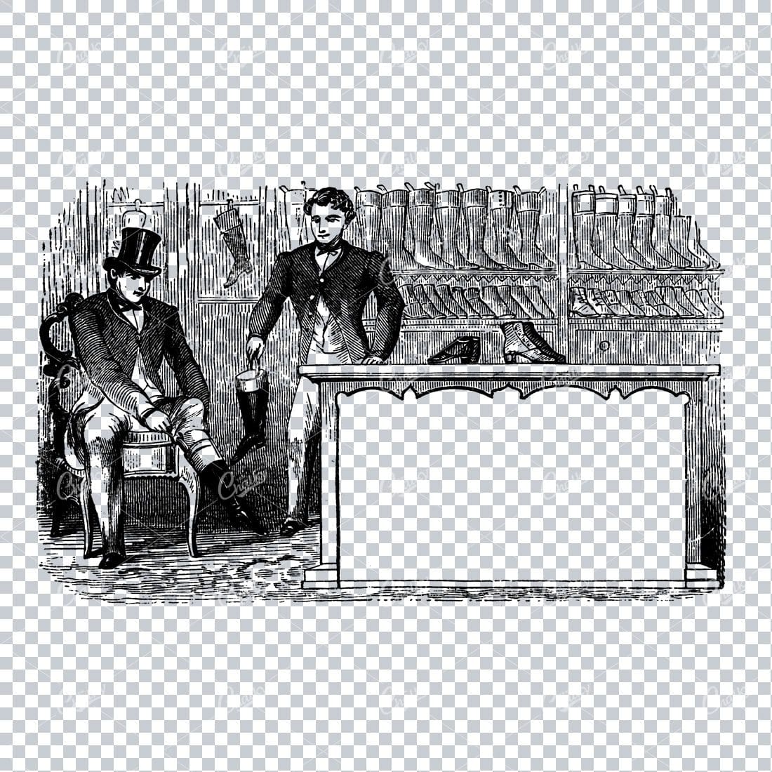 Vintage Illustration of a Man Trying on a Pair of Boots at a Shop with Banner Space