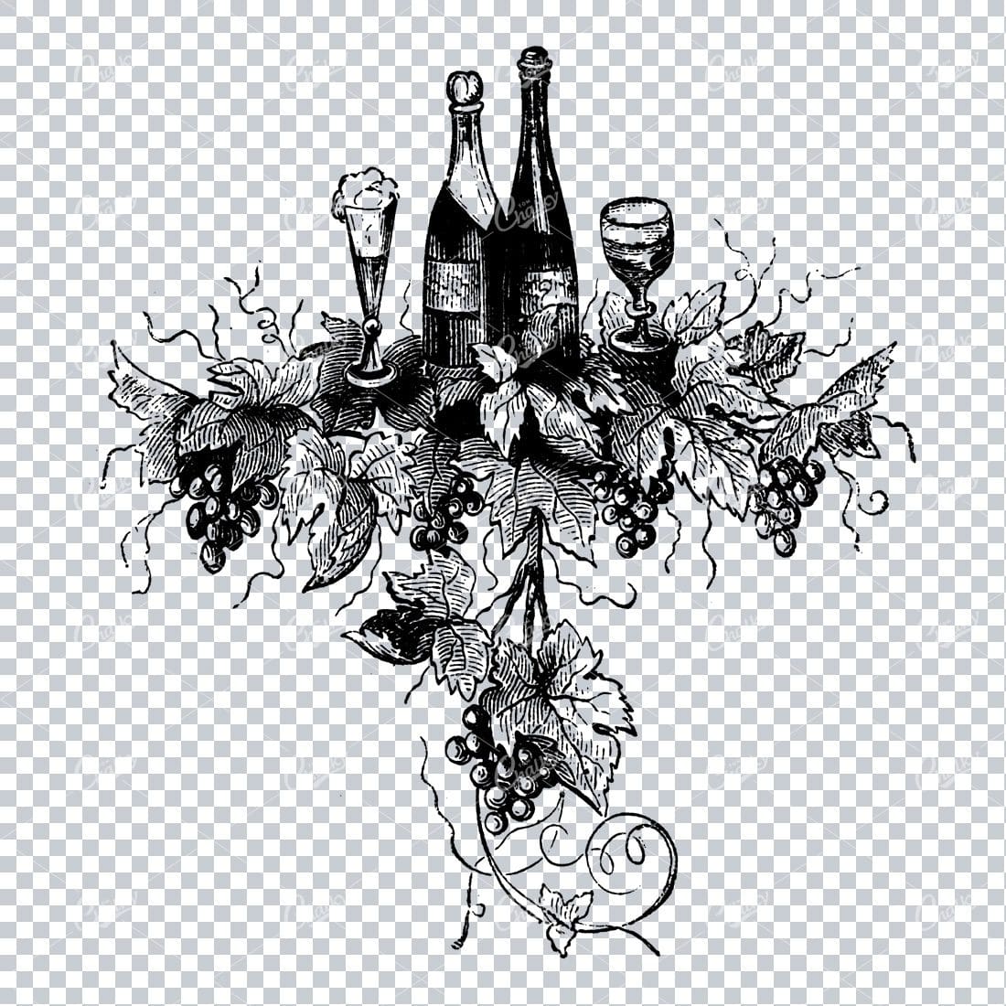 Vintage Illustration of a Selection of Wine Bottles and Glasses With Grape Vines No.1