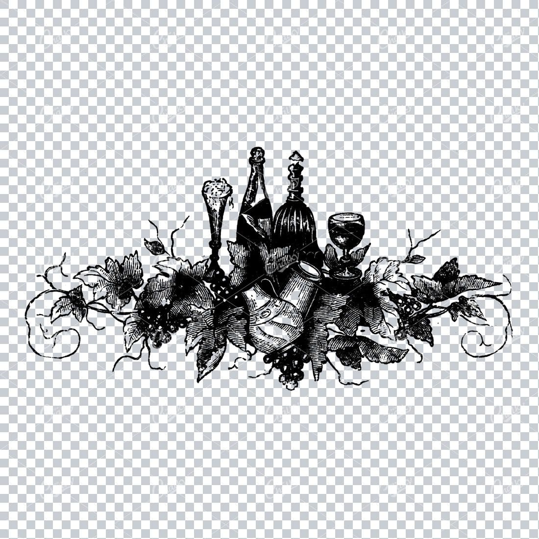 Vintage Illustration of a Selection of Wine Bottles and Glasses With Grape Vines No.2