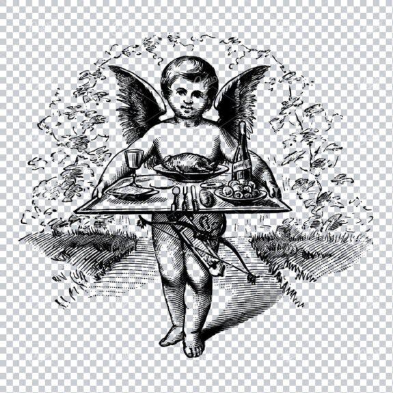 Old Line Art Illustration of a Cherub Holding a Platter of Food on a Tray