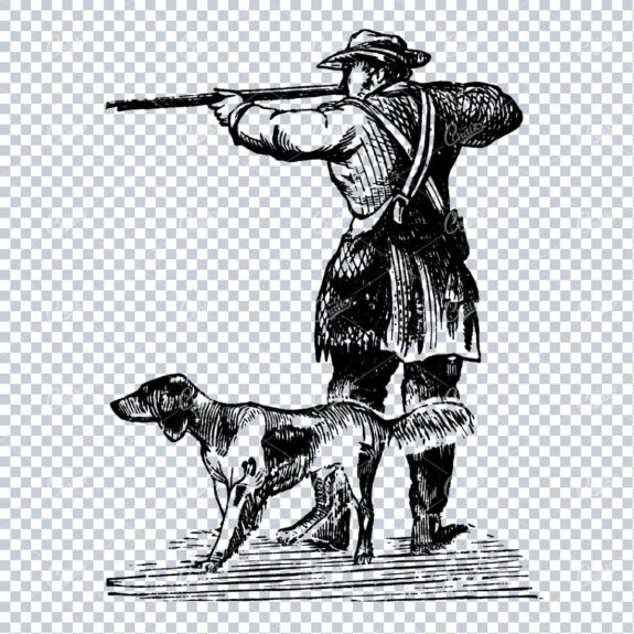 Old Line Art Illustration of a Hunter with a Gun and His Dog
