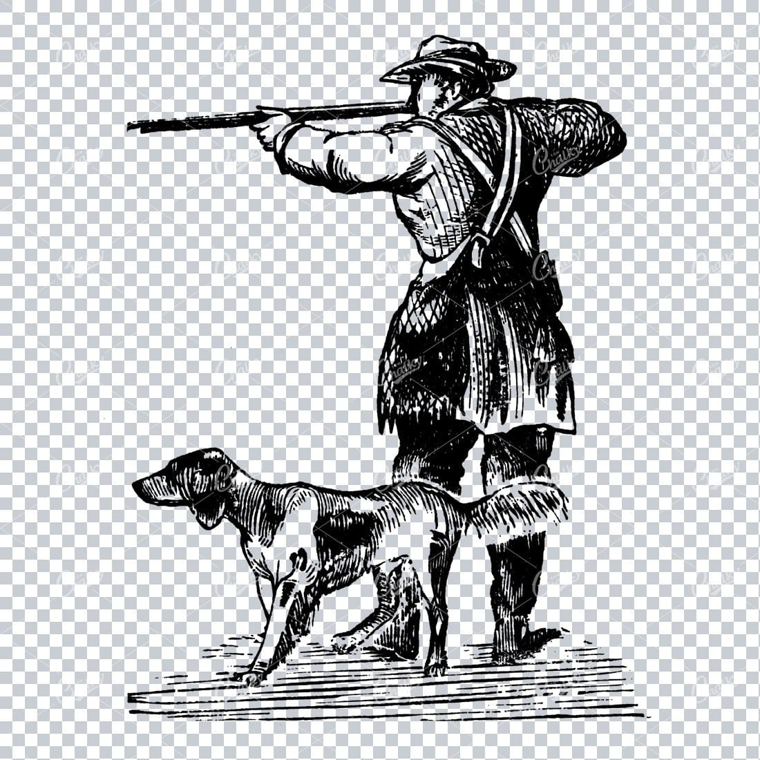 Old Line Art Illustration of a Hunter with a Gun and His Dog