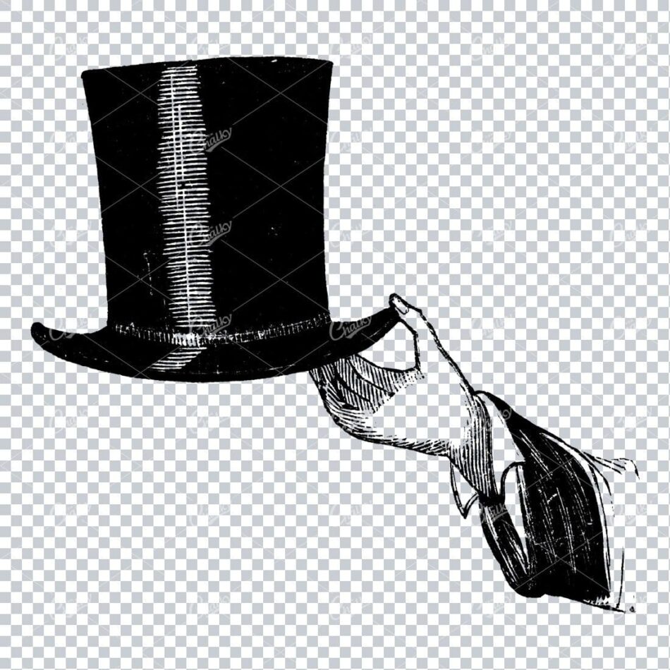 Top Hat Held By A Cuffed Hand At The Brim - Tall Cylindrical Crown, Curled Brim, High-contrast Black Linework On White