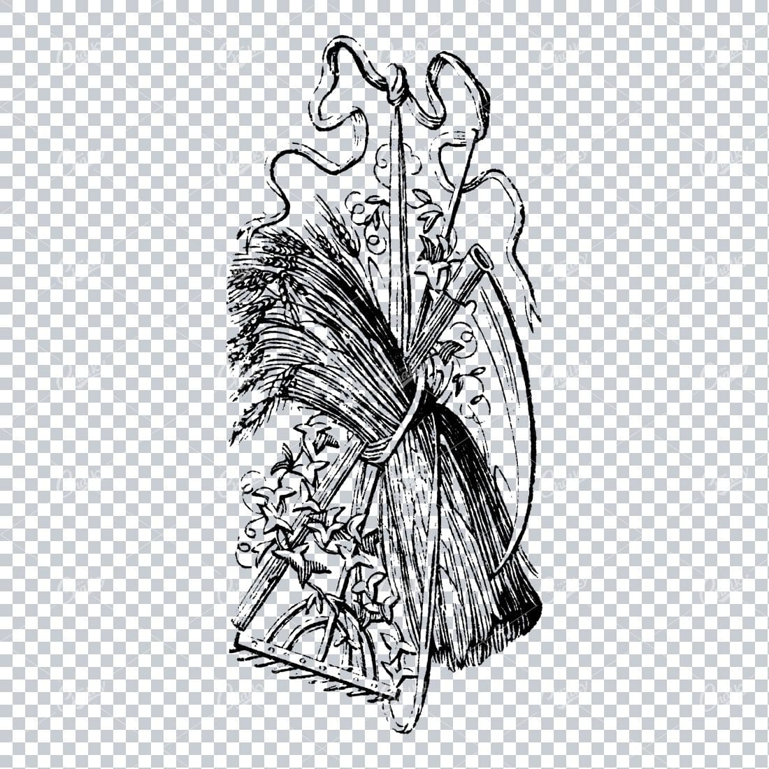 Vintage Farming Illustration - A Bunch of Wheat with Rake and Scythe