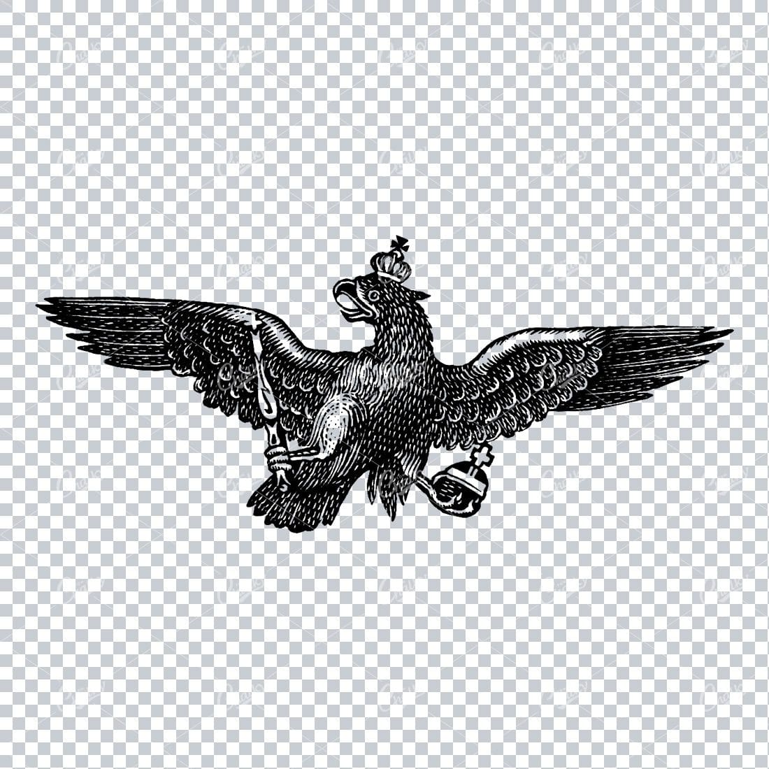 Vintage Heraldic Crowned Eagle Illustration Holding Scepter and Orb Jewel No.1