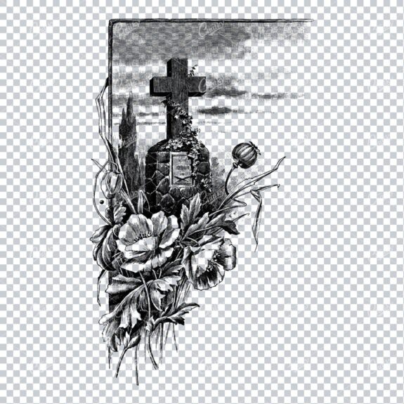 Christian Cross atop of a Grave Stone with Floral Decorative Elements