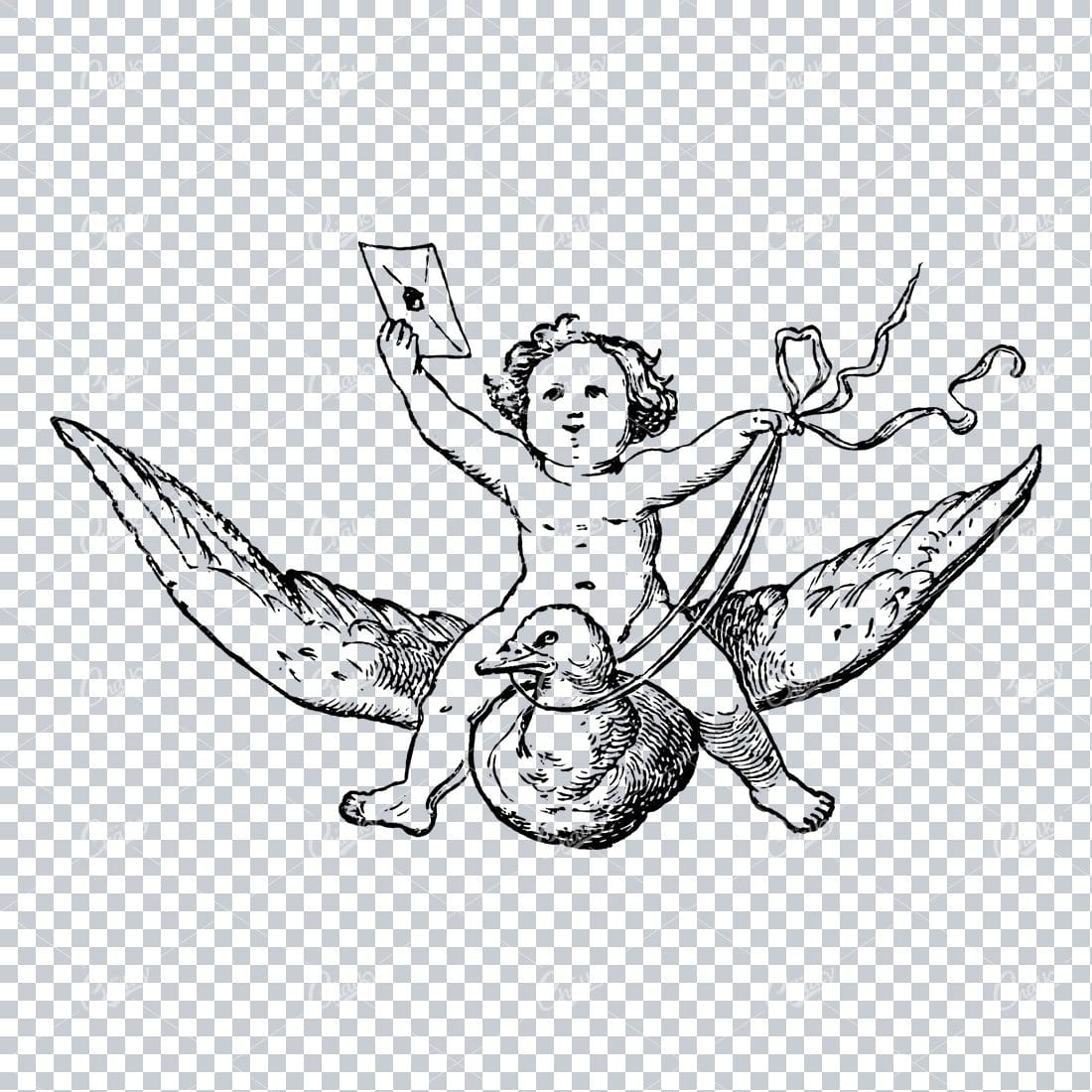 Antique Illustration of a Stork Carrying a Baby No.2