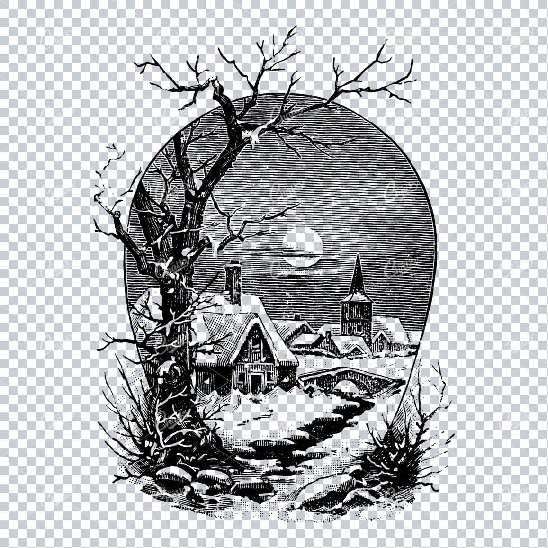 Vintage Christmas Line Art Illustration - Winter Scene with Cottage and Sunset