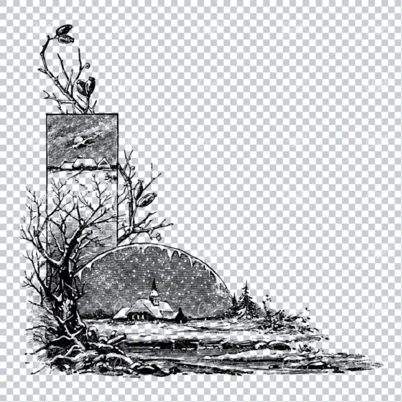 Vintage Christmas Line Art Illustration - Winter Scene with Cottage Croner Piece