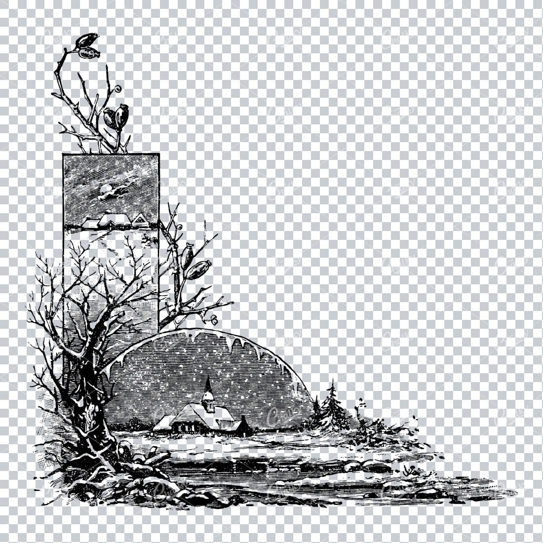 Vintage Christmas Line Art Illustration - Winter Scene with Cottage Croner Piece