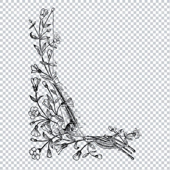 Vintage Botanical Line Art - Decorative Corner Piece with Flowers and Leaves No.2