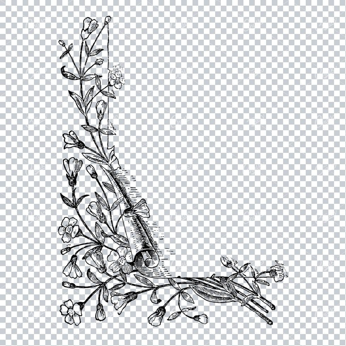 Vintage Botanical Line Art - Decorative Corner Piece with Flowers and Leaves No.2