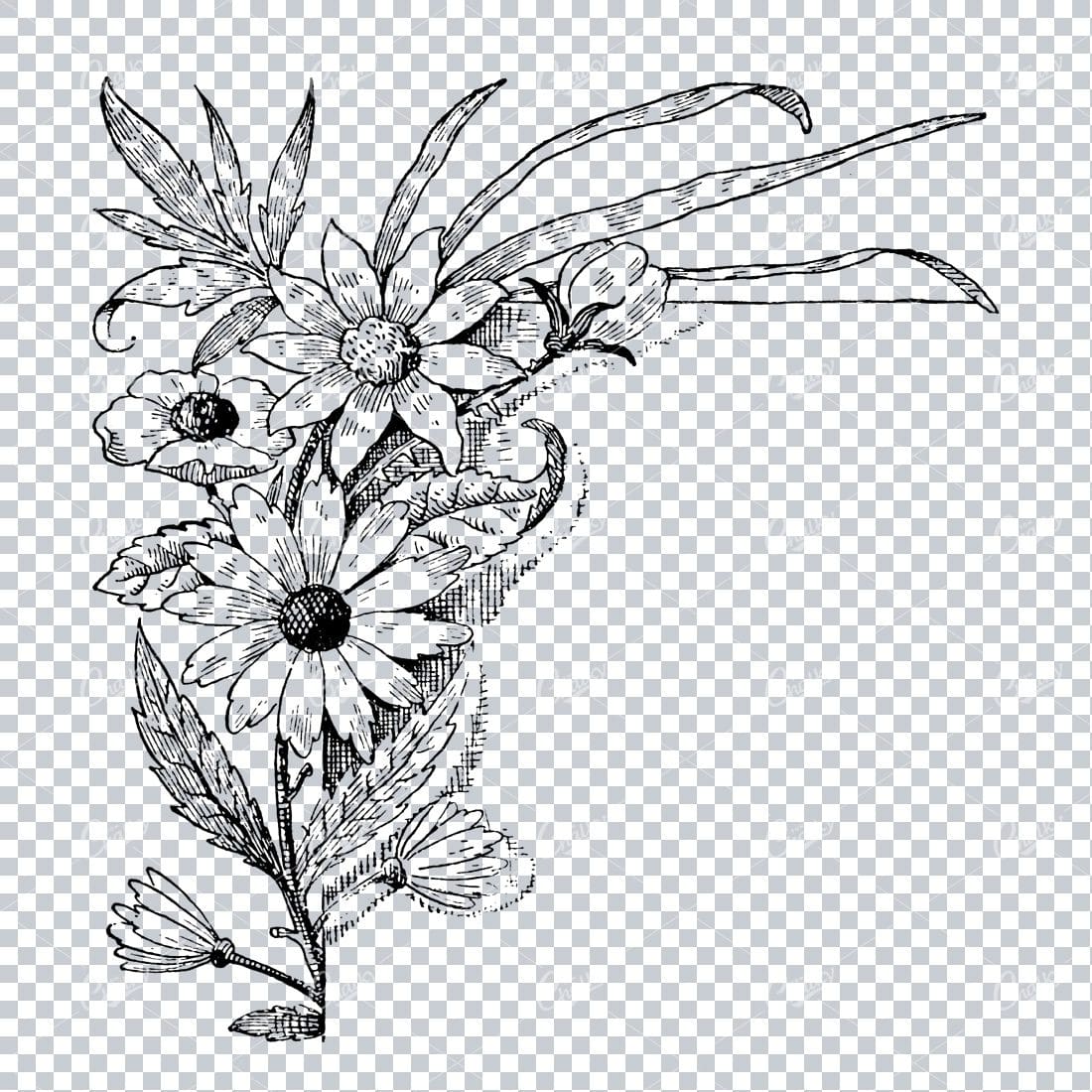 Vintage Botanical Line Art - Decorative Corner Piece with Flowers and Leaves No.3
