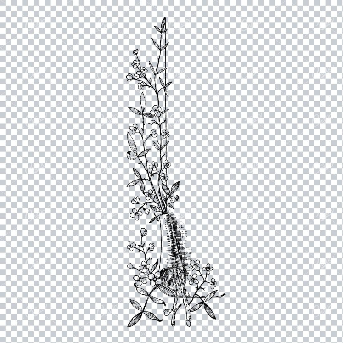 Vintage Botanical Line Art - Decorative Corner Piece with Flowers and Leaves No.4