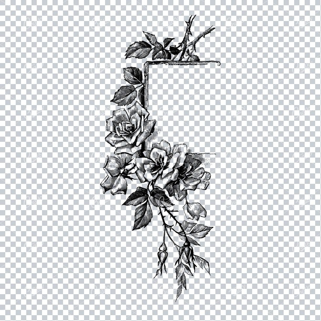 Vintage Botanical Line Art - Decorative Corner Piece with Flowers and Leaves No.6