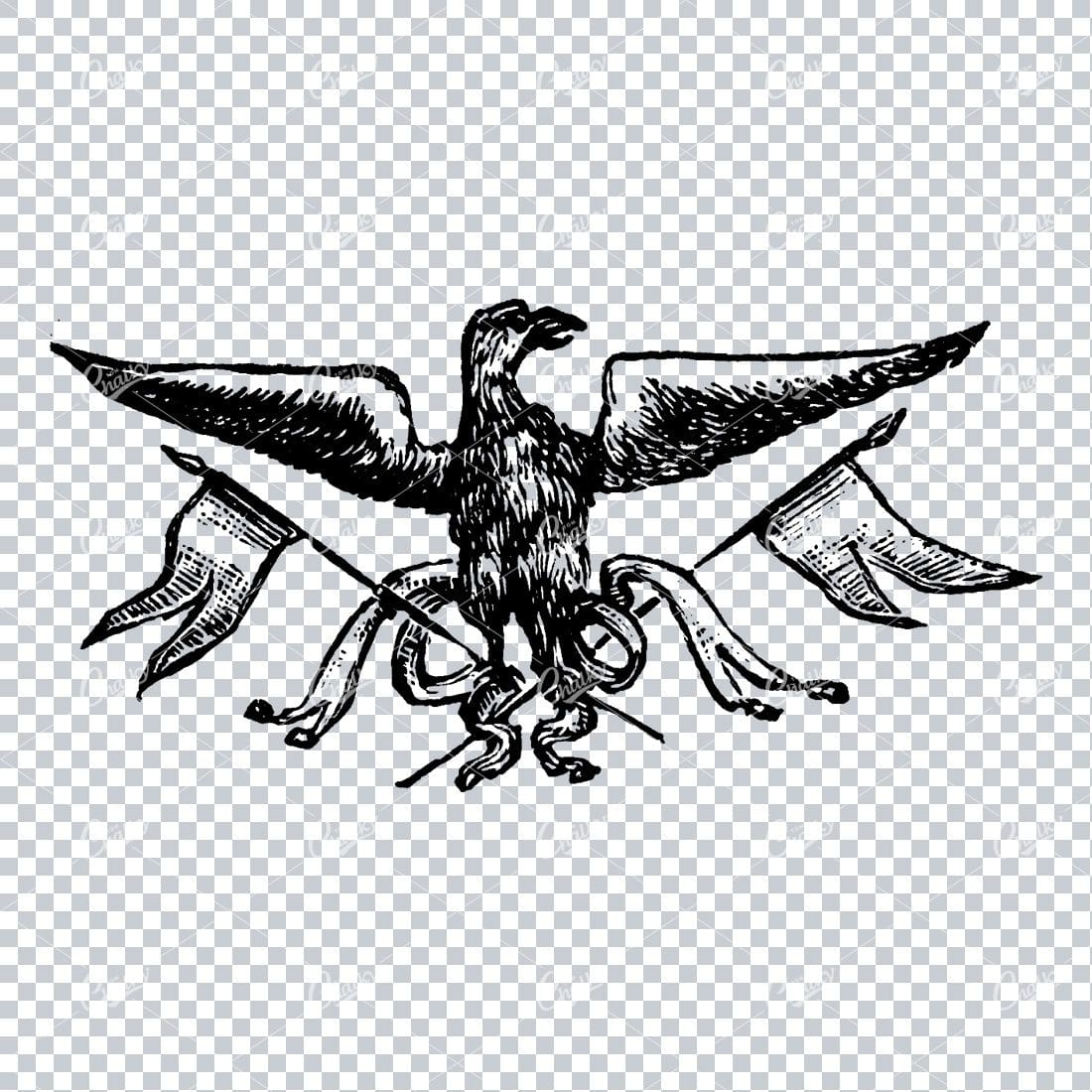 Old Line Art Illustration of an Eagle Holding Flags