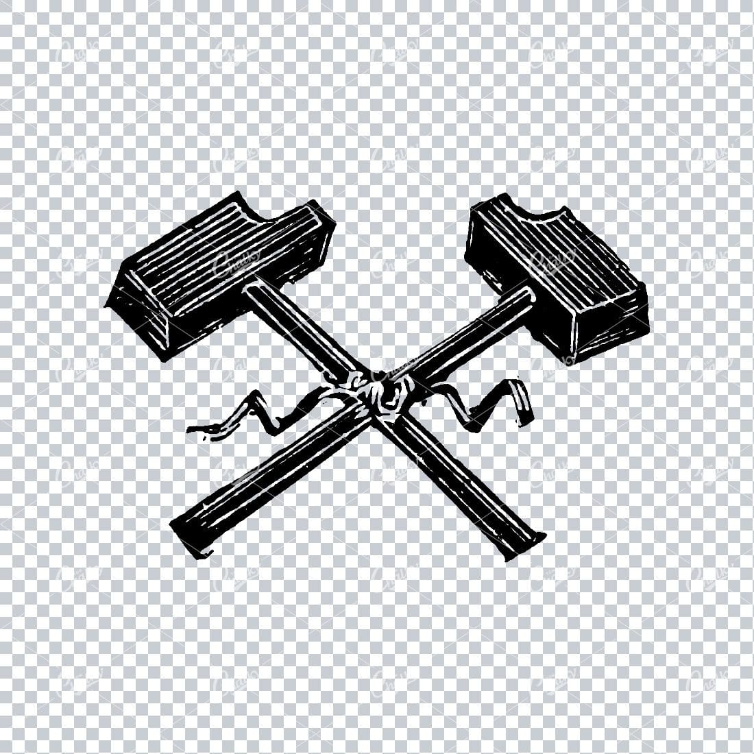 Old Line Art Illustration of Two Hammers Crossing