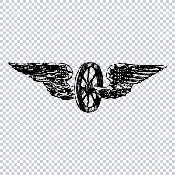 Old Line Art Illustration of a Wheel with Wings