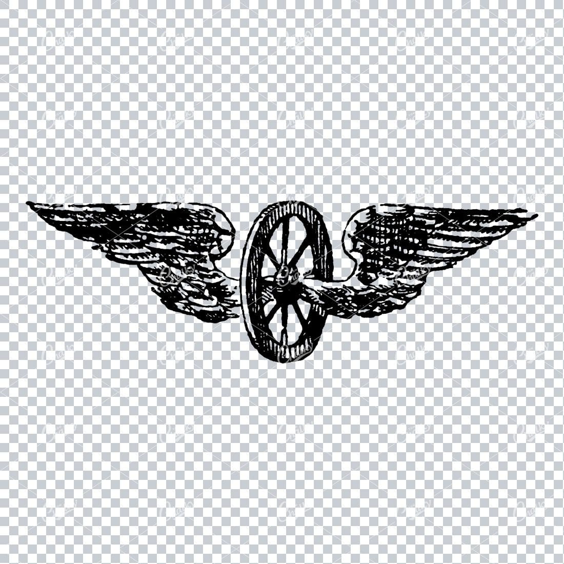 Old Line Art Illustration of a Wheel with Wings