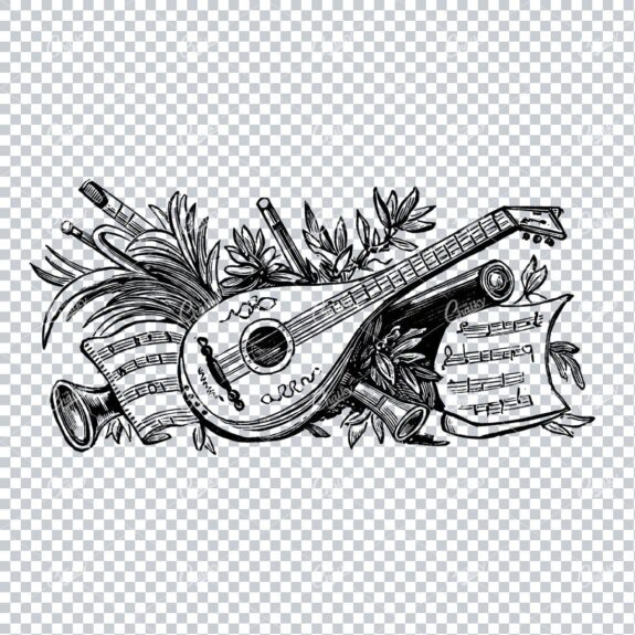 Antique Illustration of a Guitar Laying on Sheet Music and Plants