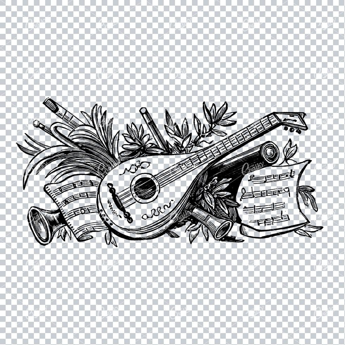 Antique Illustration of a Guitar Laying on Sheet Music and Plants