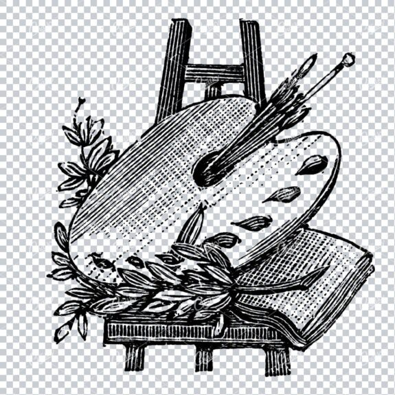 Antique Illustration of an Artist Palette on an Easel with Brushes