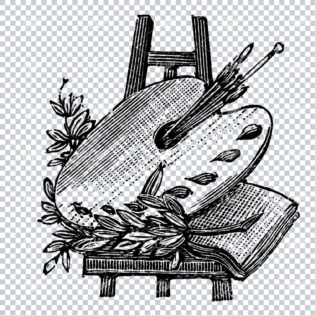 Antique Illustration of an Artist Palette on an Easel with Brushes