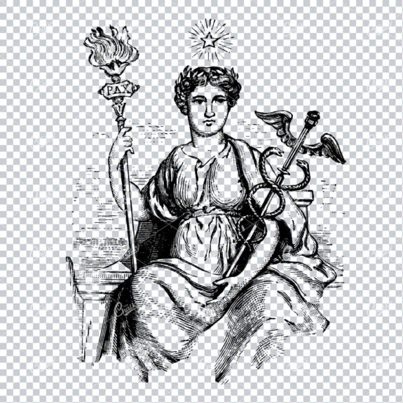Old Line Art Illustration of Hermes Holding Caduceus Staff